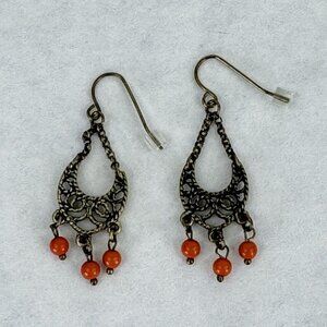 Vintage Bronze-tone Metal Filigree Earrings With Orange Beads Pierced Dangle Set
